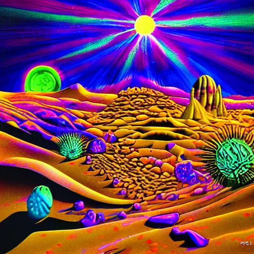 Image similar to a strange surreal psychedelic desert scene, black light art