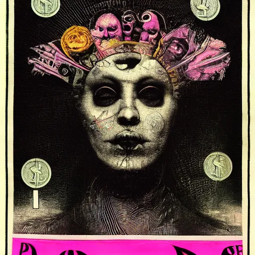 Image similar to post - punk new age album cover, asymmetrical design, frame of a dollar bank notes, capitalism, magic, apocalypse, psychedelic, black white pink, magic, giger h. r., giuseppe arcimboldo