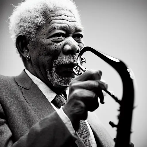 Prompt: morgan freeman on alto saxaphone. black and white high contrast