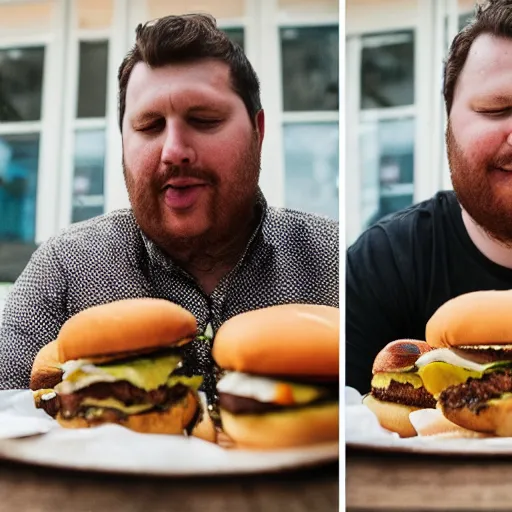 Prompt: Photography of a man being forced to eat 50 burgers.