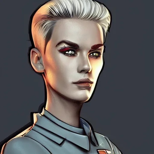 Prompt: character concept art of heroic stoic emotionless butch blond handsome woman engineer with very short slicked - back butch hair, narrow eyes, wearing atompunk jumpsuit, retrofuture, highly detailed, science fiction, illustration, pulp sci fi