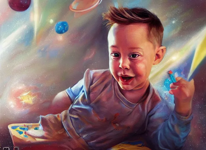 Image similar to toddler elon musk sittingon a shaggy rug playing with his shiny space rockets, realistic painting, beautiful soft lighting, istvan sandorfi