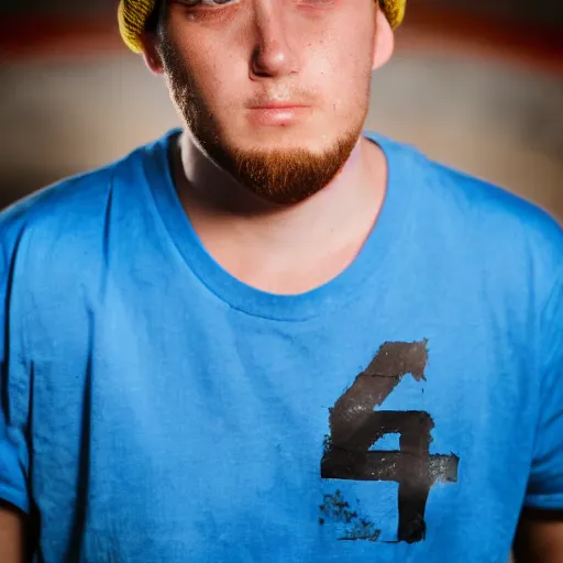 Image similar to close-up a 25 year old man wearing a black winter hat and a orange jail inmate tshirt, inside a underground facility, blue eyes, hideous, side lighting