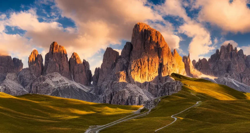 Image similar to landscape photography of Dolomites in the sunset, clouds, dramatic lighting, 500px