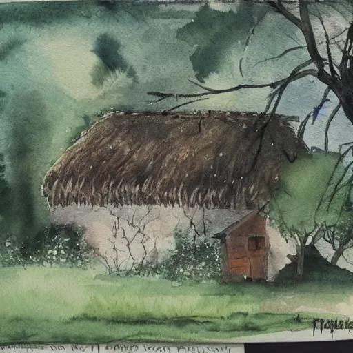 Prompt: a peaceful scene with old thatched cottage nestling amongst the trees, watercolor