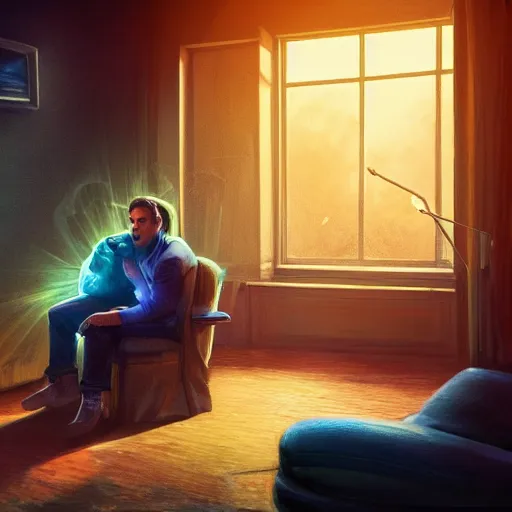 Prompt: half - car - man sitting in a chair in his living room with sunlight pouring in through a window, portrait, fantasy, beautiful face, vivid colors, elegant, concept art, sharp focus, digital art, hyper - realistic, 4 k, unreal engine, highly detailed, hd, dramatic lighting by brom, trending on artstation