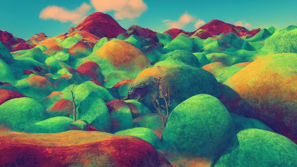 Image similar to beautiful landscape, surrealism, bright color pallet, low quality render