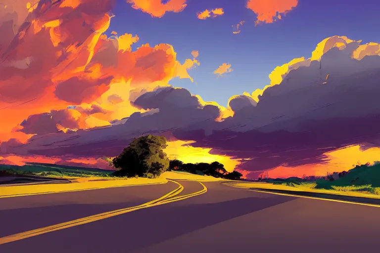 Image similar to country roadside sunset sky clouds illustration by syd mead artstation 4 k graphic novel concept art matte painting