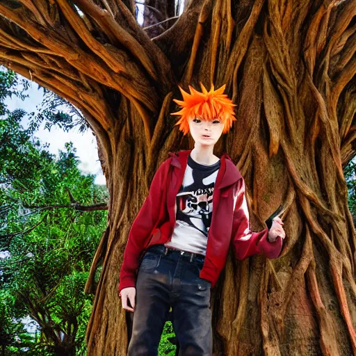 Image similar to orange - haired anime boy, 1 7 - year - old anime boy with wild spiky hair, wearing red jacket, standing under treehouse in city plaza, urban plaza, treehouse hotel, large tree, ultra - realistic, sharp details, subsurface scattering, blue sunshine, intricate details, hd anime, 2 0 1 9 anime