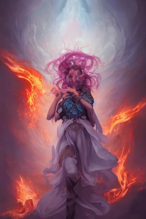 Image similar to beautiful girl necromancer in organic flaming velvet, wizard of the coast casting magic spell, angel, magic storm and thunder clouds, fantasy, magic the gathering, hyper detailed, 3 d render, hyper realistic detailed portrait, peter mohrbacher