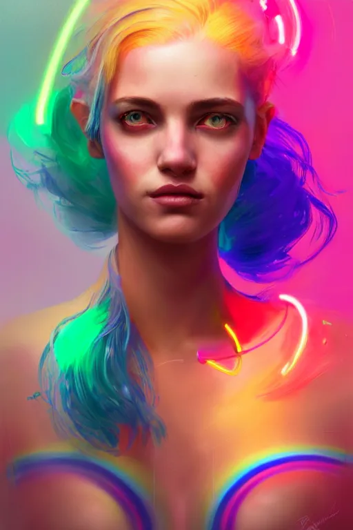 Image similar to a award winning portrait of a beautiful woman with stunning eyes in a one off shoulder crop top and cargo pants with rainbow colored hair, outlined by whirling illuminated neon lines and fine lines swirling in circles by greg rutkowski, digital art, trending on artstation