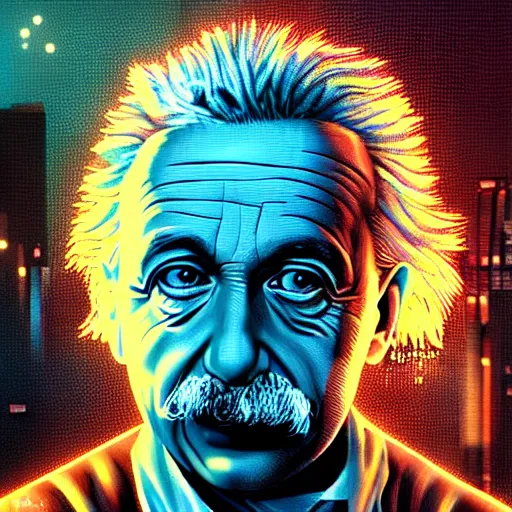 Image similar to beautiful hyper detailed illustration, high detailed portrait of albert einstein, cyberpunk2077, cyberpunk, neon, light, artstation, digital illustration