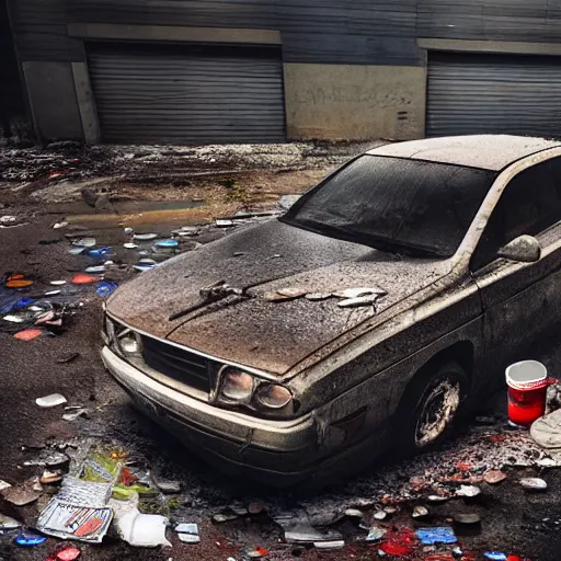 Prompt: hyperrealistic detailed, aerial photography, a number of car, dust, humus, wet street, graffiti on wall, trash scattered everywhere, abandoned car garage, 8 k, uhd, after rain, cinematic lighting, incrinate, wet after rain