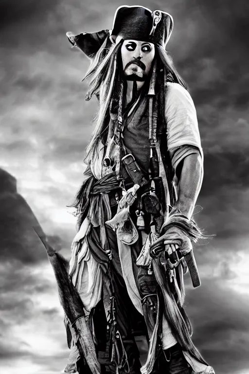 Prompt: Jack Sparrow is a jacked muscle builder gigachad, grayscale photography