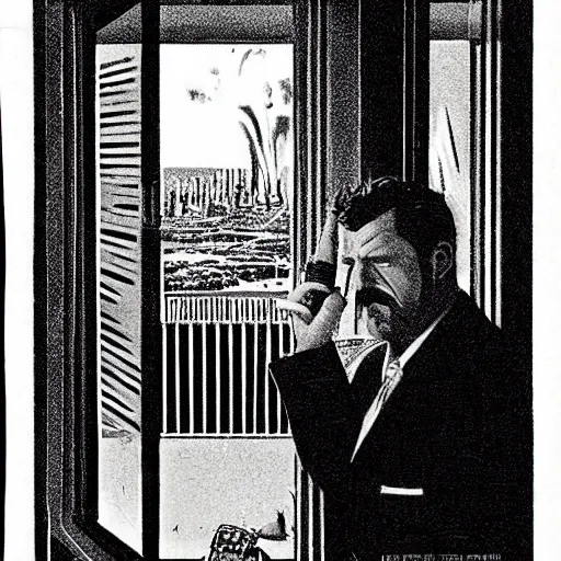 Image similar to Mr. House, realistic, highly detailed face, looks at the nuclear explosion, from the window of the Lucky 38 Casino, man smokes a cigar, ! holding in his Hand !, arm,cigarette advertising, hyperdetailed, artstation trending, ultra HD, artstation, photorealism, ultrarealistic, retro, 45mm, elegant,