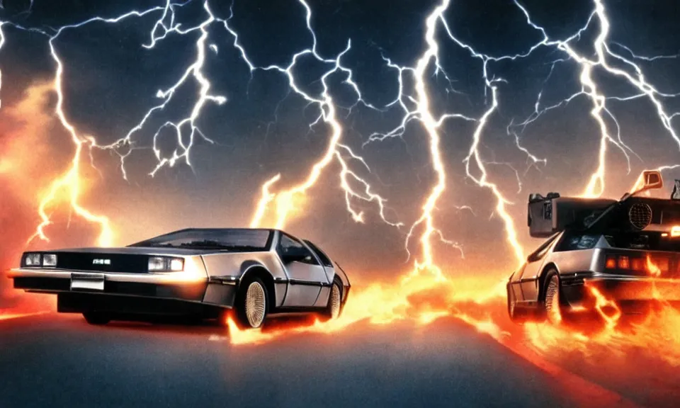 Image similar to scene from back to the future, delorean driving fast, lightning, fire, driving through portal