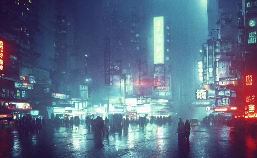 Image similar to 35mm atmospheric urban photographic landscape of Hong Kong 20XX, Blade Runner 1982 city, futuristic dystopian megacity skyline, hard rain falling, neon, industrial fires and smog