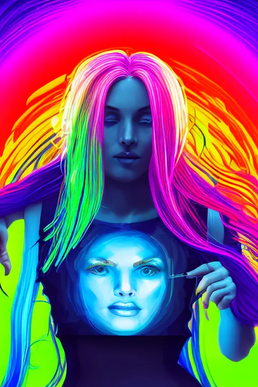 Prompt: a award winning half body portrait of a beautiful woman with stunning eyes in a croptop and cargo pants with rainbow colored ombre hairstyle head in motion and hair flying by thomas danthony, outlined by whirling illuminated neon lines, outrun, vaporware, shaded flat illustration, digital art, trending on artstation, highly detailed, fine detail, intricate