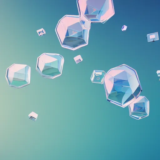 Prompt: 3 d geometric glass glossy rendered objects flying above the sea line, octane render, sunny light, pastel colors
