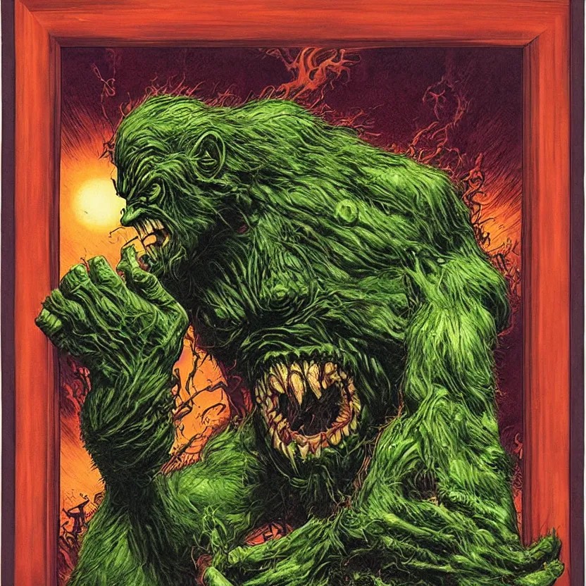 Image similar to a monster reaching through a framed painting. goosebumps cover art by tim jacobus, richard corben. pulp horror art.