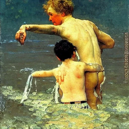 Prompt: a guardian Angel saving a little boy from drowning. Ilya Repin. Norman Rockwell. Masterpiece. Rule of thirds.