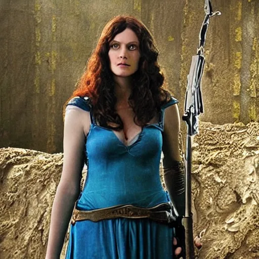 Image similar to Morgana from Merlin (2008) holding an AK47