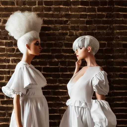 Image similar to photograph of two women with baroque white dresses and white baroque wigs in a hall, candle light fashion photography