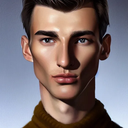 Image similar to tall man in his twenties with brown blond short quiff hair and thin slightly round facial structure with cleft chin, straight eyebrows and prominent nose, good definition of cheekbones, big hazel nut brown eyes, narrow face, slim body, atmospheric lighting, painted, intricate, 4 k, highly detailed by charlie bowater