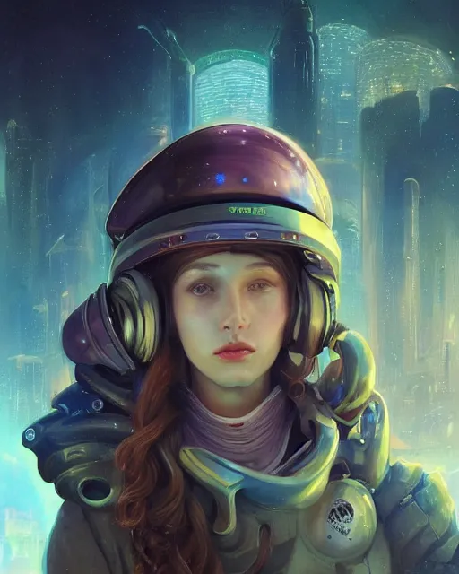 Prompt: a beautiful intricate exquisite imaginative exciting fashionable futuristic close up portrait of a young female astro engineer with stern looks, mechanical uniform, neon lights on hood and jacket by ruan jia, tom bagshaw, peter mohrbacher, brian froud, futuristic organic city in the background, epic sky, vray render, artstation, deviantart, pinterest, 5 0 0 px models