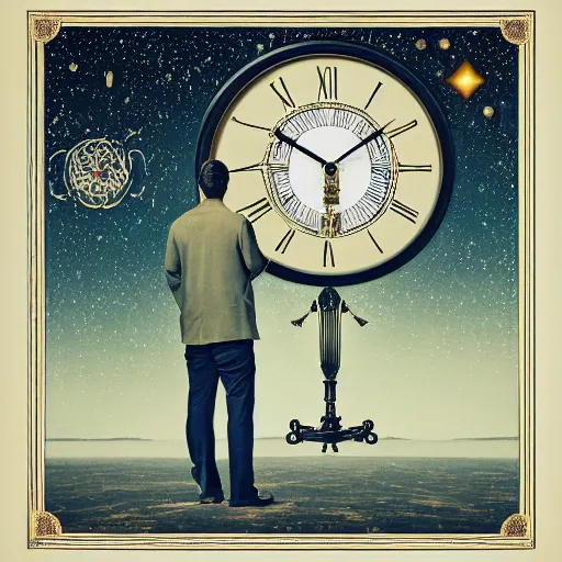 Image similar to a man looking at a giant, detailed, ornamented clock floating in the distance with the cosmos and stars visible in the background, album artwork style.