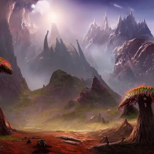 Image similar to photorealistic fantasy concept art of an unknown alien landscape, with its own creatures and fauna, dynamic lighting, realism, stunning visuals, beautiful scenery,mysterious scenery