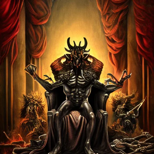 Prompt: Satan takes his seat on the throne of the underworld, hyperrealistic, dark fantasy art, renaissance painting, high detail, ultra hd, 4k, dungeons and dragons, heavy metal