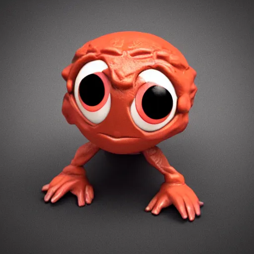 Prompt: photo of a comically tiny clay model of baby magma creature with a rocky body and large childlike eyes leans close to the camera, fish eye lens, 4 k, hyper realistic, hyper detailed face, octane render, comedic, cute