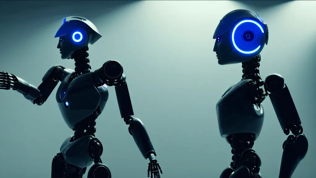 Image similar to robots debating AI ethics, movie still, cinematic composition, cinematic light, criterion collection, re imagined by industrial light and magic, Movie by Andrzej Żuławski