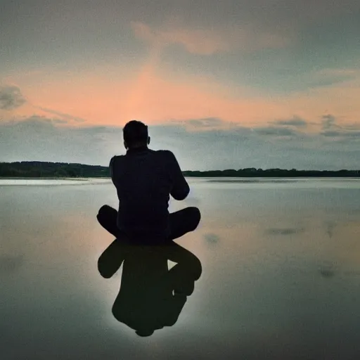 Image similar to a man sits by a lake, throwing pieces of his life into a bonfire. a great shapeless thing of darkness is drawn across the water to the light.