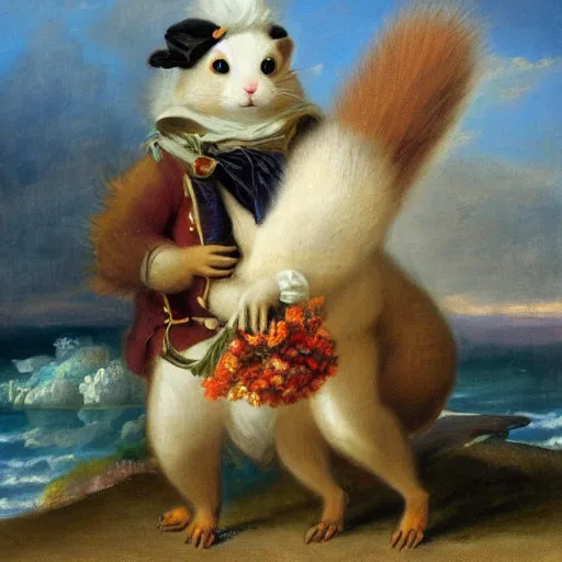 Image similar to a giant fluffy squirrel carrying napoleon bonaparte on its back, beach scene, flowers and foliage, detailed oil painting