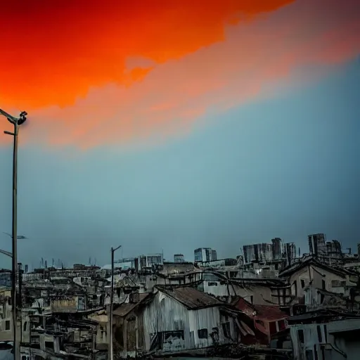 Prompt: cat watching post apocalyptic city with burning red sky