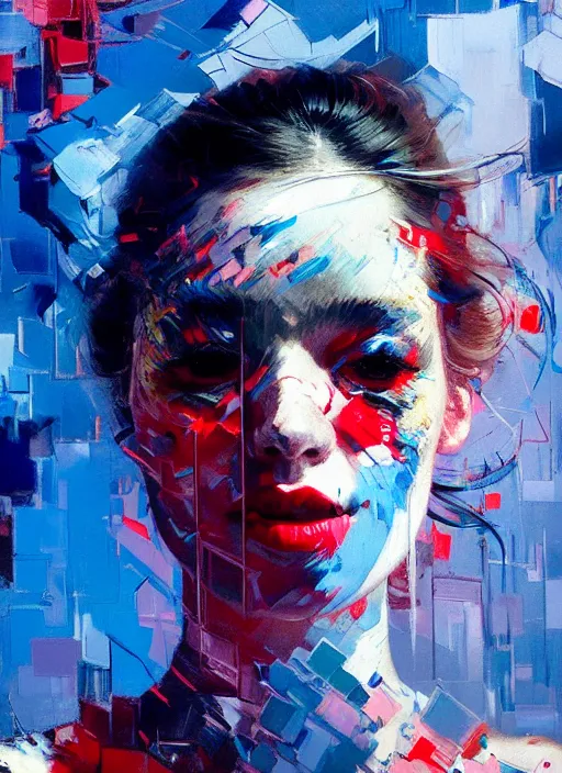 Image similar to portrait of beautiful girl, ecstatic, wonderful techno party, eyes closed, shades of red and blue, beautiful face, rule of thirds, intricate outfit, spotlight, by greg rutkowski, by jeremy mann, by francoise nielly, by van gogh, digital painting