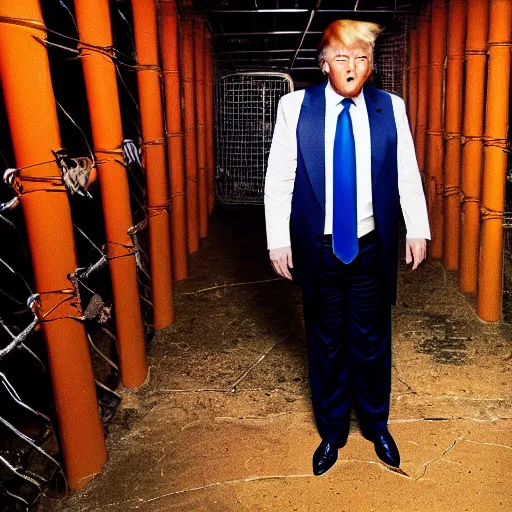 Prompt: photographic still of donald trump in jail, orange prisonner gear, medium shot, photorealistic, ultradetailed, filthy and humid prison, natural light, by terry richardson