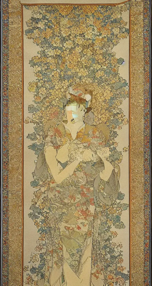 Prompt: Japanese style simple and elegant floral tapestry, Persian carpet, soft colors, by mucha
