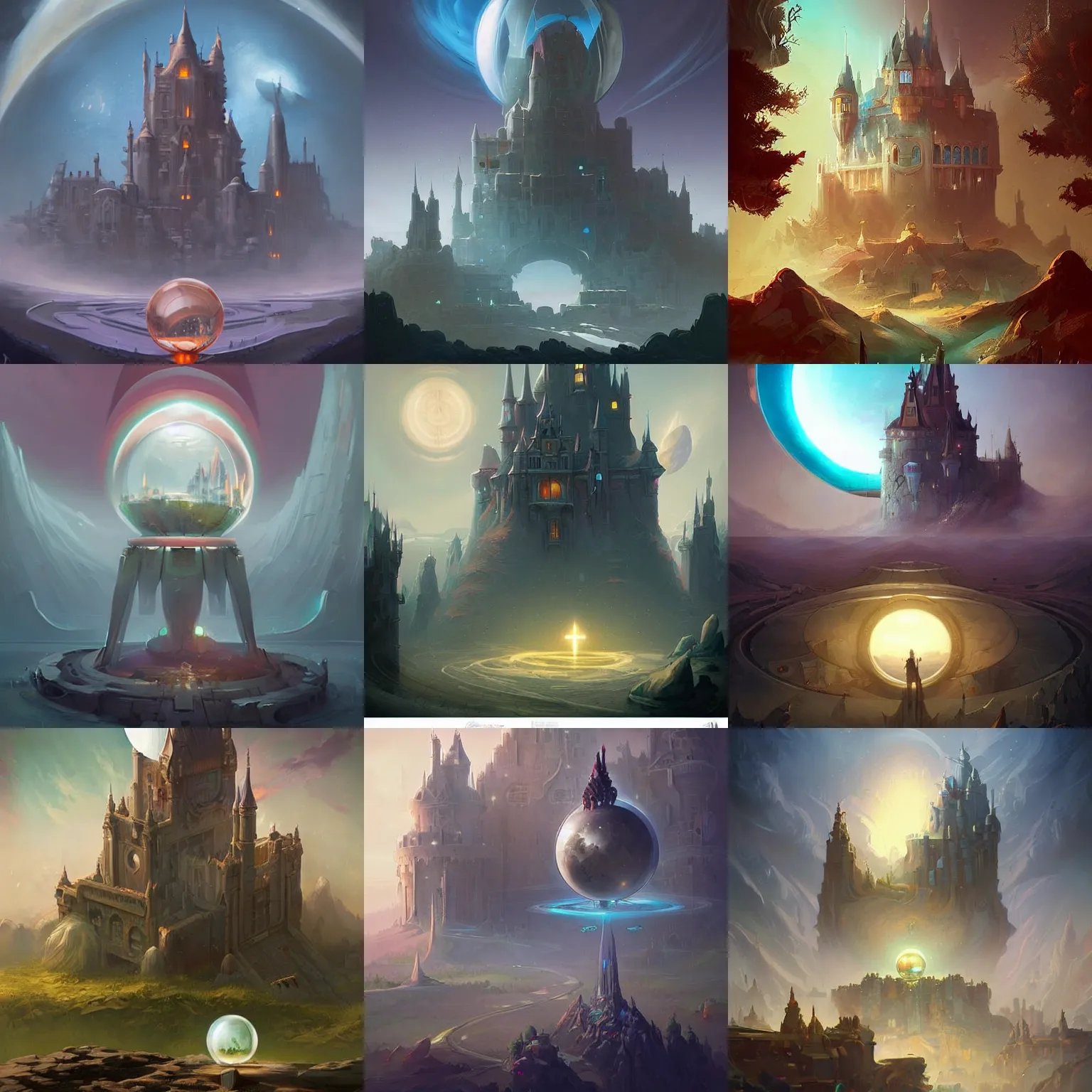 Prompt: futuristic artwork of a castle in a crystal ball, concept art by peter mohrbacher, featured on polycount, space art, concept art, apocalypse art, cosmic horror