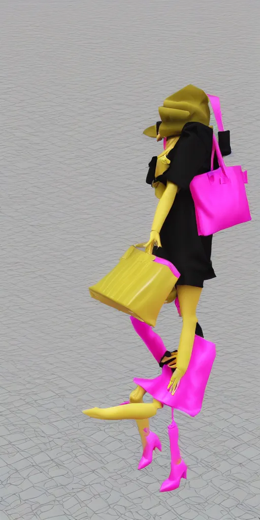 Prompt: 3d glitched malice yellow glitched legs doll carrying a pink fashion bag in a street city psx rendered early 90s net art n64