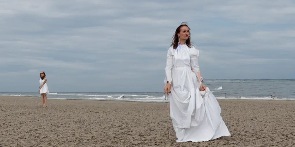 Image similar to a woman wearing a white dress standing on a beach in Denmark, in the style of Peder Severin