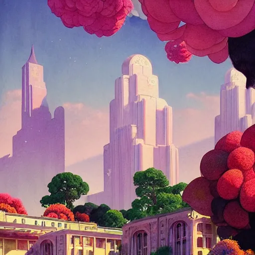 Image similar to a painting of an art deco building surrounded by flowers, a watercolor and matte painting by beeple and rhads and maxfield parrish, cgsociety, artdeco, dystopian art, sci - fi, artstation hq