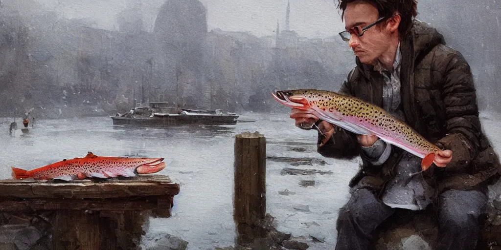 Image similar to journalist in oslo eating a trout, art by greg rutkowski