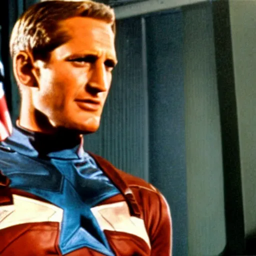 Image similar to a color film still of paul newman as steve rogers in captain america ( 1 9 7 4 )