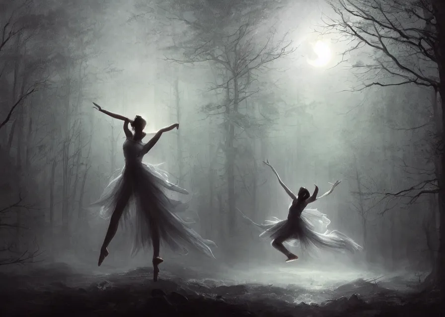 Prompt: dancers in white lit only by the moon, contemporary dance in the forbidden forest, the twilight dance of the fae by aleksi briclot, greg rutkowski and ivan aivazovsky, contemporary dance, volumetric, solstice, atmospheric, watercolor, surrealist, artstation, artgerm, concept art