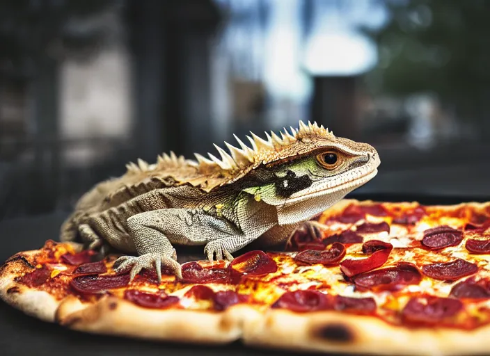 Image similar to dslr portrait still of a bearded dragon eating a peperoni pizza, 8 k 8 5 mm f 1. 4