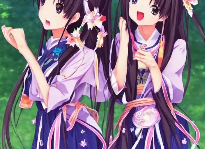 Image similar to 2 0 0 0 clannad shuffle toheart event'anime illustration japanese very very beautiful cute girls doing cute things trending on artstation pixiv makoto shinkai smiling super detailed eyes eyebrowless symmetry face visual novel hairpin star, anime kimono