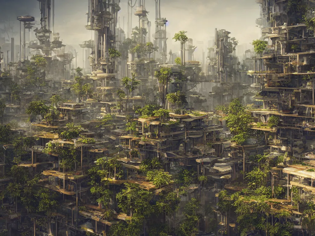 Prompt: a architecture painting and panoramic telephoto of a natural wood tre and plants city, steampunk design, cyberpunk city, solarpunk architecture, atompunk architecture, geometrical shapes, morming, mobius, procedural geometry, intense, octane render, raytraced volumetric lighting, raytraced, volumetric atmosphere